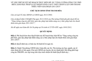 Quyết định 557/QĐ-UBND 2011 phổ biến giáo dục pháp luật cho thanh thiếu niên 2011-2015 Thanh Hóa