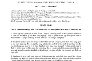 Quyết định 285/QĐ-TTg thành lập Ban Quản lý Khu kinh tế tỉnh Long An
