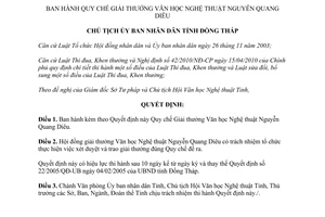 Quyết định 02/2011/QĐ-UBND quy chế giải thưởng văn học nghệ thuật Đồng Tháp