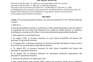 Decision No. 315/QD-TTg  on the pilot provision of agricultural insurance during