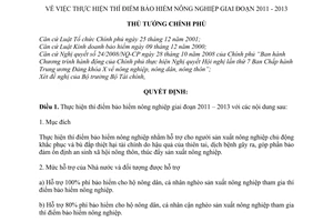 Quyết định 315/QĐ-TTg  thí điểm bảo hiểm nông nghiệp