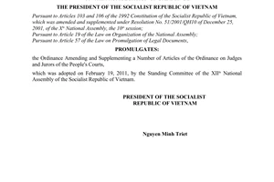 Order No. 01/2011/L-CTN, on the promulgation of the Ordinance Amending and Suppl