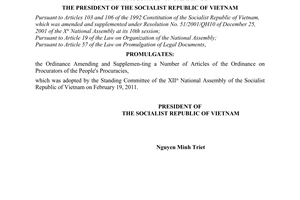 Order No. 02/2011/L-CTN of March 04, 2011, on the promulgation of the Ordinance Amending and Supplemen­ting a Number of Articles of the Ordinance on Procurators of the People's Procuracies
