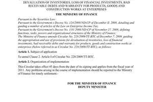 Circular No. 34/2011/TT-BTC amending the Ministry of Finance's Circular No. 228