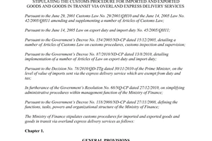 Circular No. 36/2011/TT-BTC customs procedure imported exported goods in transit overland express delivery