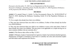 Decree No. 18/2011/ND-CP amending clause 6, article 2 of the Government's Decree