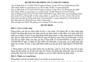 Quyết định 406/QĐ-BTTTT chức năng, nhiệm vụ, quyền hạn cơ cấu tổ chức