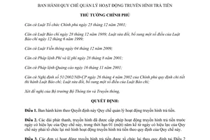 Quyết định 20/2011/QĐ-TTg Quy chế quản lý hoạt động truyền hình trả tiền