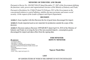 Decision No. 1380/QD-BCT 2011 list of goods discouraged for import