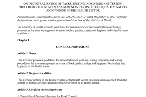 Circular 13/2011/TT-BYTdecentralization tasks testing indicators procedures food quality safety hygiene