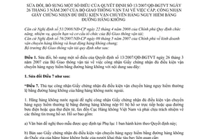 Thông tư 18/2011/TT-BGTVT sửa đổi Quyết định 13/2007/QĐ-BGTVT cấp, công nhận