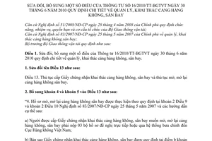 Thông tư 19/2011/TT-BGTVT sửa đổi Thông tư 16/2010/TT-BGTVT hướng dẫn quản lý