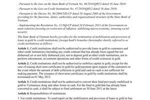Circular No. 11/2011/TT-NHNN providing for termination of gold deposit