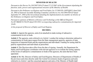 Decision No. 946/QD-BYT on appointment of testing agencies of radioactive contam