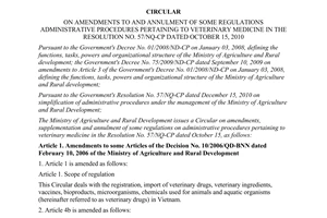 Circular No. 20/2011/TT-BNNPTNT amendment regulations administrative procedures pertaining to veterinary medicine