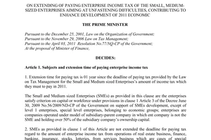 Decision No. 21/2011/QD-TTg on extending of paying enterprise Income Tax