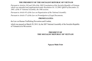 Order No. 05/2011/L-CTN on the promulgation of the Law on Human Trafficking