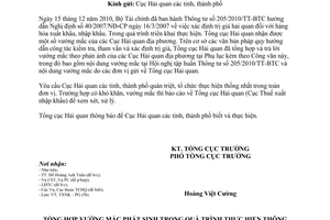 Công văn 1432/TCHQ-TXNK vướng mắc Thông tư 205/2010/TT-BTC