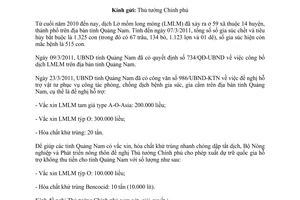 Công văn 911/BNN-TY  hỗ trợ vắc xin, hóa chất khử trùng từ quỹ dự trữ quốc gia