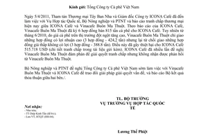 Công văn 2187/BNN-HTQT giải quyết tranh chấp thương mại với ICONA Café