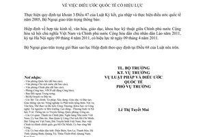 Thông báo 27/2011/TB-LPQT hợp tác kinh tế, văn hóa, giáo dục, khoa học kỹ thuật
