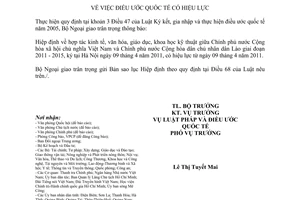 Thông báo hiệu lực hiệp định hợp tác kinh tế, văn hóa, giáo dục, khoa học