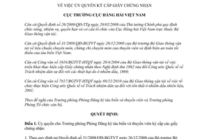 Quyết định 285/QĐ-CHHVN ủy quyền ký cấp giấy chứng nhận