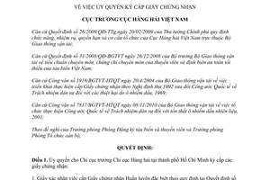 Quyết định 288/QĐ-CHHVN ủy quyền cấp giấy chứng nhận