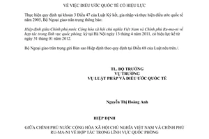 Thông báo hiệu lực Hiệp định hợp tác trong lĩnh vực quốc phòng