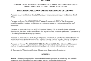 Decision No. 662/QD-TCHQ 2011 selectivity customs inspection imports and exports sent via air express