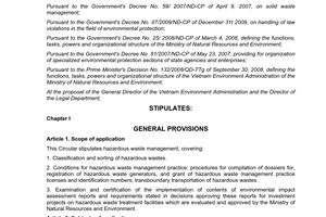 Circular No. 12/2011/TT-BTNMT, stipulating on management of HWS
