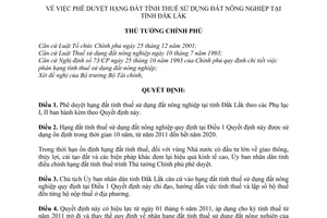 Quyết định 23/2011/QĐ-TTg phê duyệt hạng đất tính thuế sử dụng đất nông nghiệp