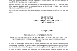 Thông báo hiệu lực Bản Ghi nhớ thương mại gạo giữa Việt Nam và Băng-la-đét