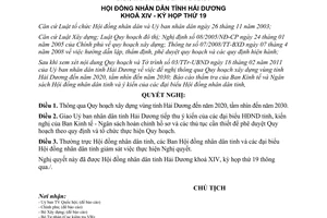 Nghị quyết số 160/2011/NQ-HĐND quy định xây dựng vùng đến 2020 tỉnh Hải Dương