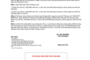 Thông tư 32/2011/TT-BNNPTNT danh mục vắc xin, chế phẩm sinh học, vi sinh vật