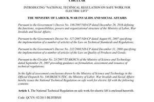 Circular 08/2011/TT-BLDTBXH National Technical Regulation on safe work for electric lift