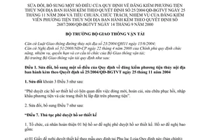 Thông tư 34/2011/TT-BGTVT sửa đổi đăng kiểm phương tiện thủy nội