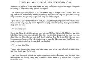 Thông báo 197/TB-BCT  nhập khẩu rượu, mỹ phẩm, điện thoại di động