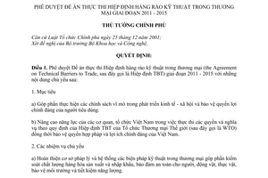 Quyết định 682/QĐ-TTg phê duyệt Đề án thực thi Hiệp định hàng rào kỹ