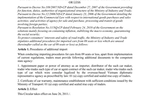 Circular No. 20/2011/TT-BCT stipulating additional procetures for imported cars