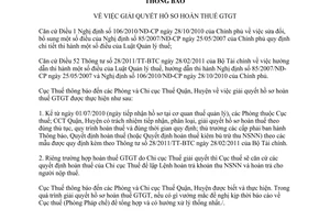 Thông báo 4225/TB-CT-PC giải quyết hồ sơ hoàn thuế giá trị gia tăng