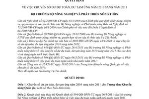 Quyết định 639/QĐ-BNN-TC năm 2011 về chuyển số dư dự toán, dư tạm ứng năm 2010 s