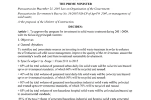 Decision No. 798/QD-TTg approving the program for investment in solid waste trea