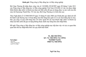 Công văn 4326/BCT-CNNg xin được nhập khẩu khuôn dập cabin và khuôn ép nhựa