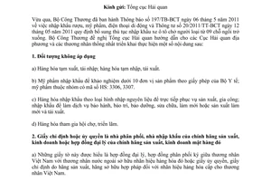 Công văn 4640/BCT-XNK  triển khai thực hiện Thông báo 197/TB-BCT