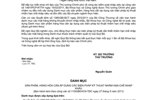 Công văn 1150/BKHCN-TĐC Danh mục sản phẩm, hàng hóa cần áp dụng biện pháp