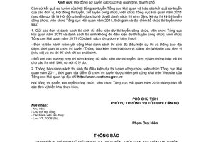 Công văn 2449/TCHQ-HĐTD  thông báo danh sách thí sinh đủ điều kiện dự thi