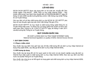 Quy chuẩn kỹ thuật Quốc gia QCVN 34:2011/BTTTT về chất lượng dịch vụ truy nhập internet ADSL do Bộ trưởng Bộ Thông tin và Truyền thông ban hành
