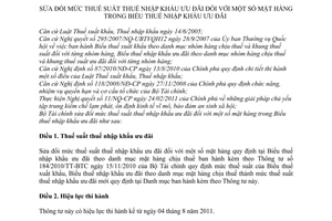 Thông tư 91/2011/TT-BTC sửa đổi mức thuế suất thuế nhập khẩu ưu đãi