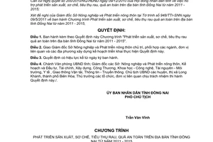 Quyết định 1572/QĐ-UBND năm 2011 sản xuất sơ chế tiêu thụ rau quả an toàn